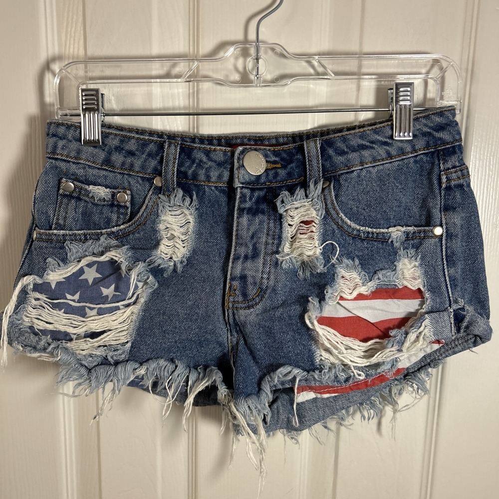 Signature 8  Denim Shorts Cut Off Distressed USA FLAG  High Waist Button Fly S